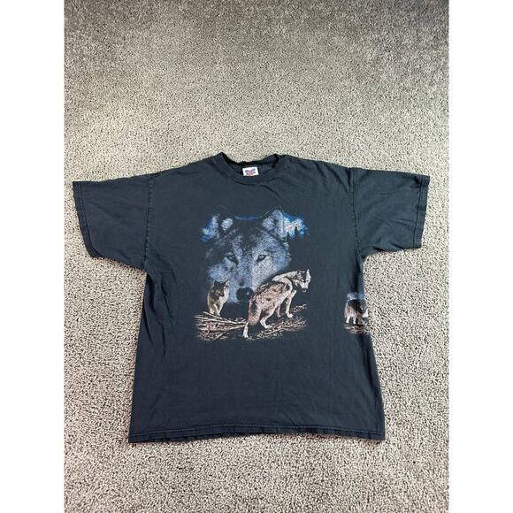 VINTAGE Wolf Shirt Mens XL Black Double Sided Howl At The Moon TNT 90s - Picture 2 of 12